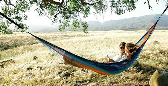2-Person Yellow Leaf Handwoven Hammock Hanging from Tree