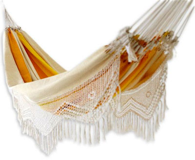 Novica Brazilian Hammock in Orange and Yellow with White Hanging Fringe