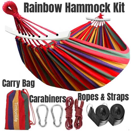 Double Rainbow Hammock Kit with Bag, Carabiners, Straps and Ropes