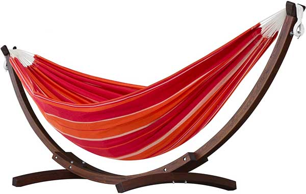 Striped Red Hammock on Curved Wood Stand