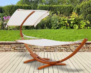 Roman Arc Hammock with Teak Wood Frame, White Fabric and Overhead Shade Canopy