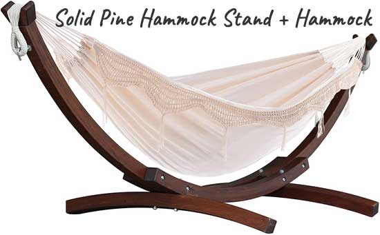 Solid Pine Wood Hammock Stand with Cotton Macrame Brazilian Hammock in White