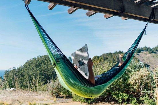 Yellow Leaf Hammock Hanging on Patio Outdoors